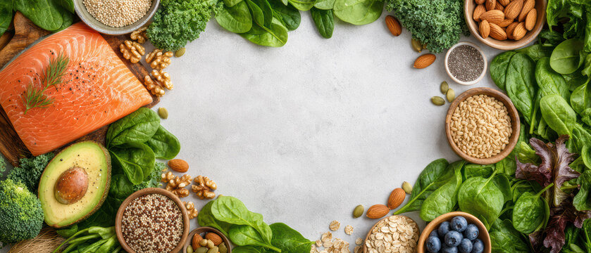 Nourishing foods for heart health fresh greens and salmon arranged on a rustic wooden table