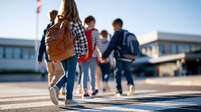 Rear view of group of happy children walking together toward a bright school building a flagpole and freshly painted crosswalk lines visible ahead back to school concept elementary