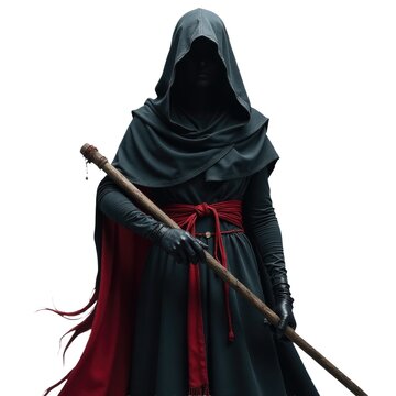 A figure in a hooded cloak holds a staff, ready for adventure