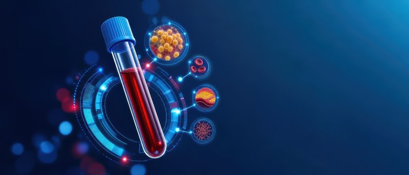 Illustration of blood test results with cholesterol levels and cardiovascular health indicators in a laboratory setting