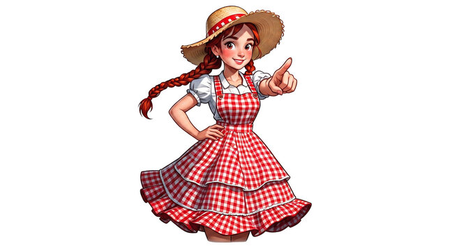 Menina ruiva de tran&ccedil;as caipira com chap&eacute;u de palha apontando para frente  festa junina country fundo transparente	