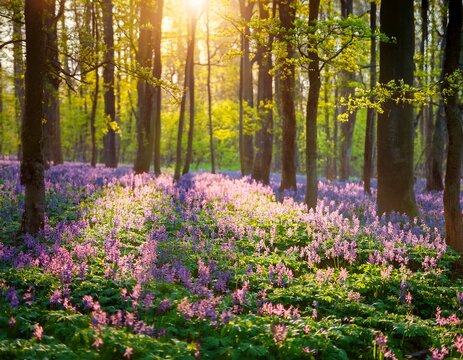 the forest is covered with corydalis cava flowers in sunny day undercover of the tree canopy