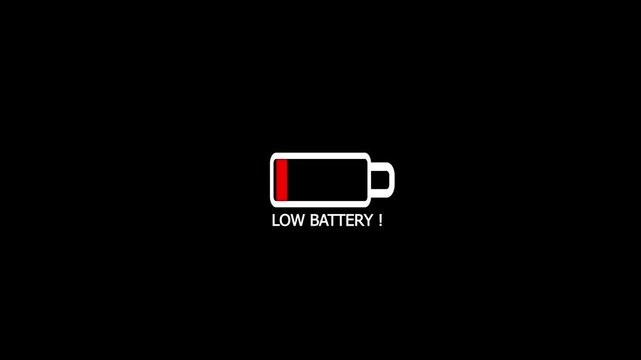 Flashing low battery level indicator animation with LOW BATTERY text on black background for low power, charging needed, discharge, and device energy concept vector illustration