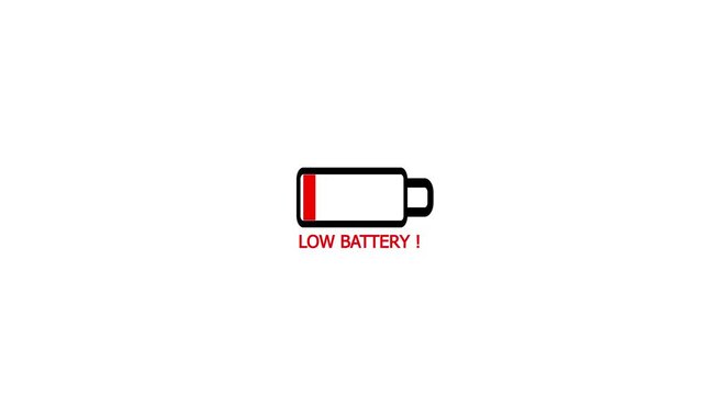 Flashing low battery level indicator animation with LOW BATTERY text on white background for low power, charging needed, discharge, and device energy concept vector illustration