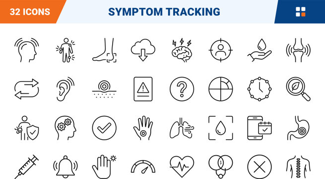 Symptom tracking app medical log health line icon set. Vector pictograms of body, pain, map, and monitoring elements, thin linear illustration.
