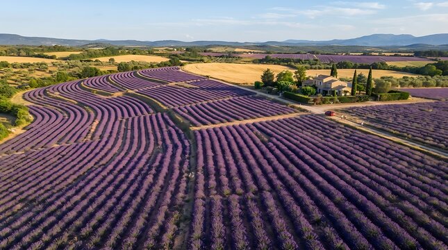 An aerial perspective showcases the beautiful vibrant purple lavender fields of provence france on a bright sunny summer afternoon landscape view