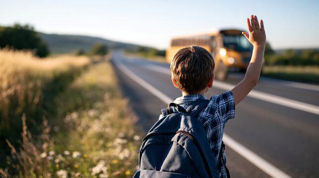 Rear view of young boy wearing a blue backpack waving toward a large yellow school bus idling on an empty rural road tall grass and scattered wildflowers lining the shoulder under bright
