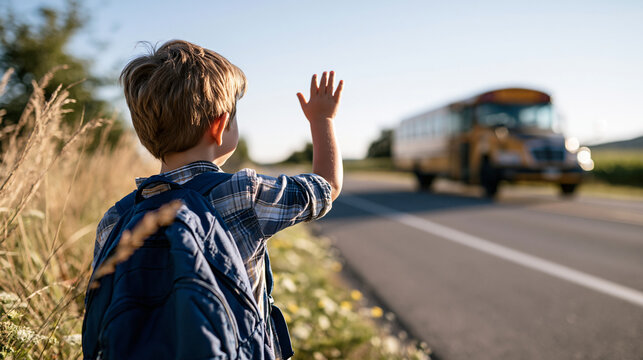 Rear view of young boy wearing a blue backpack waving toward a large yellow school bus idling on an empty rural road tall grass and scattered wildflowers lining the shoulder under bright