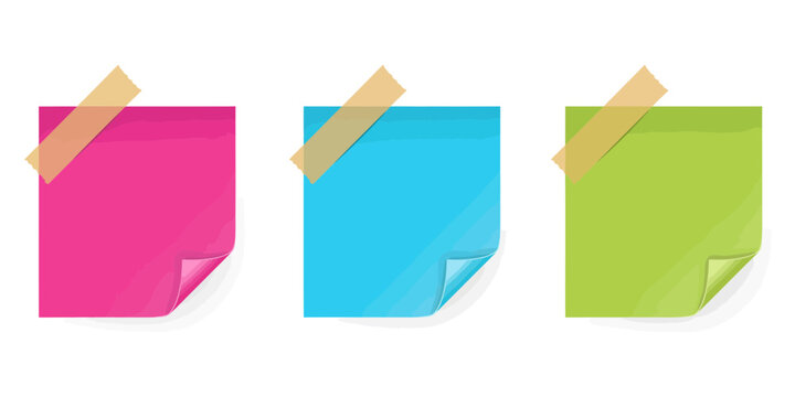 Colorful sticky notes attached with tape isolated on transparent background