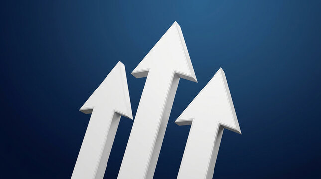 Three white arrows pointing up on a dark blue background representing growth and business success
