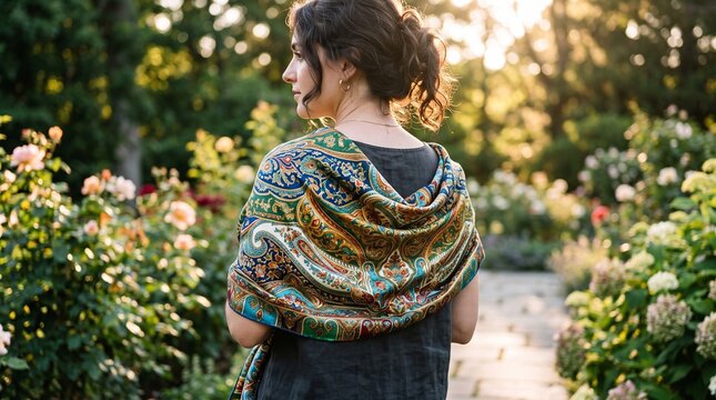 Woman wearing a colorful paisley shawl in a sunlit garden with blooming roses and hydrangeas
