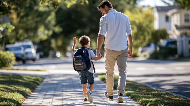 Rear view of father and son walking to school together along a sunlit sidewalk young boy waving goodbye with his backpack bouncing gently back to school commute concept outdoor with