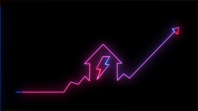 Glowing pink and purple neon house with lightning bolt and rising growth arrow animation loop on black background for increasing electricity costs, energy crisis, and power consumption concept vector