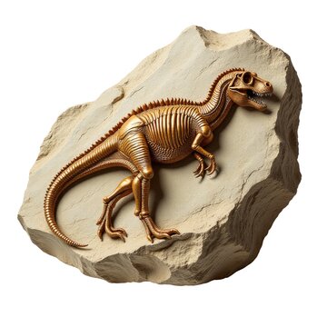 A gold dinosaur skeleton perched on a rock against a clean white background