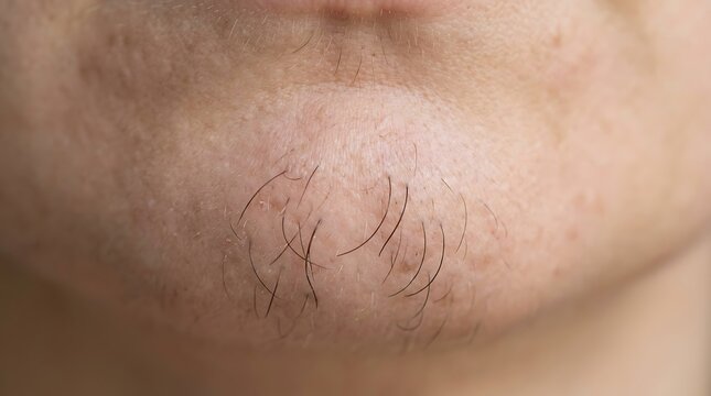 Chin skin closeup showing sparse stubble hair growth and natural skin texture.