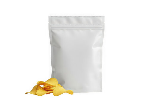 White food pouch with a pile of crunchy tortilla chips isolated on transparent background
