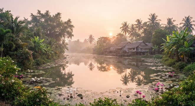 Rural tropical river with water lilies at sunrise