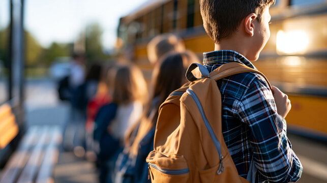 Cropped children with backpacks boarding a bright yellow school bus small clusters gathering on a sunny suburban street corner in the morning light beside a wooden bus stop bench back