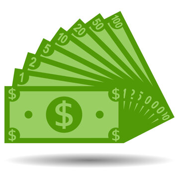 stack of each dollar banknote icon with shadow on white background.