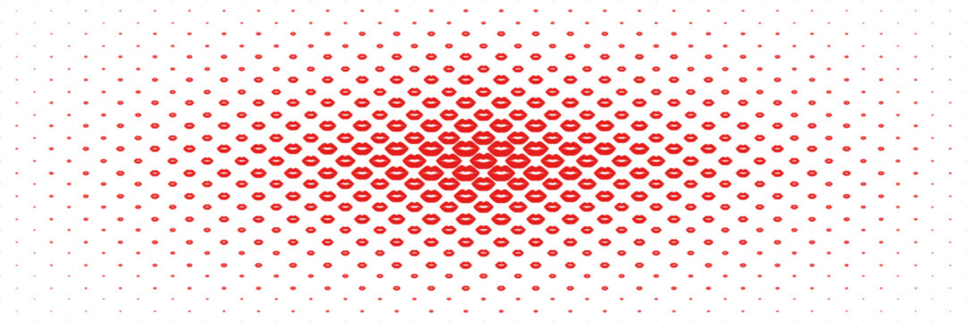 horizontal halftone of sexy red mouth on white spread from center for pattern and background.