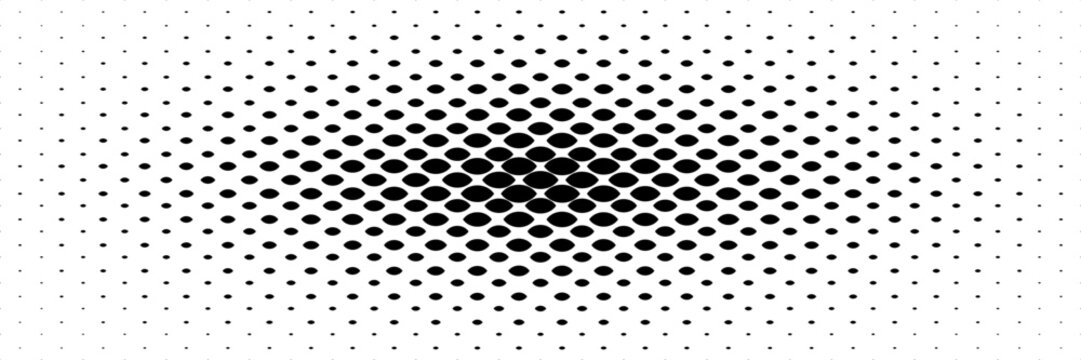 horizontal halftone of black curved rhombus spread form center on white for pattern and background.