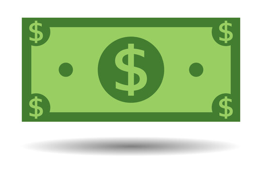 rectangle green dollar banknote icon with shadow on white background.