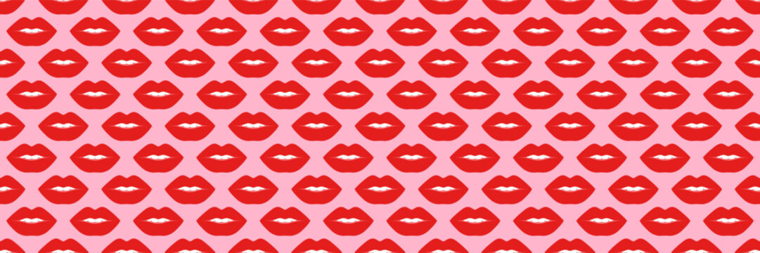 horizontal seamless of sexy red mouths and teeth on pink for pattern and background.