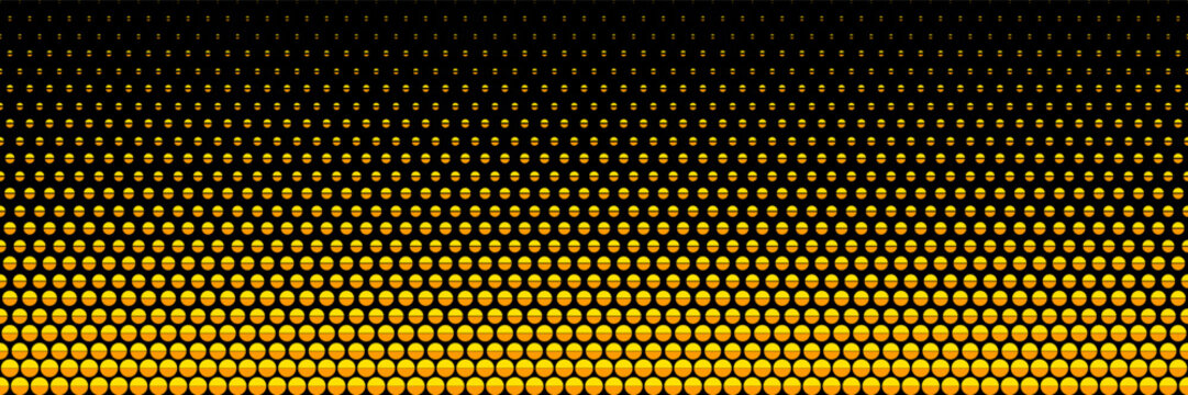 horizontal halftone of gold semicircle on black for pattern and background.