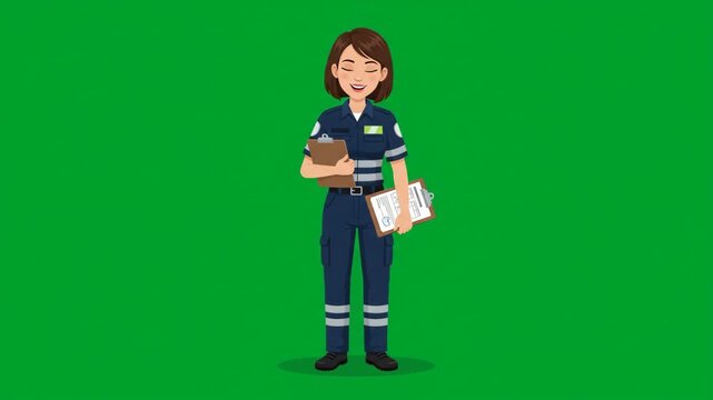 Female paramedic in uniform holding a clipboard, standing on a green screen background.