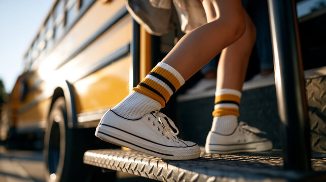 Cropped young student in striped high socks and canvas sneakers stepping up onto a vibrant yellow school bus the textured rubber tread of the bus steps visible beneath bright morning