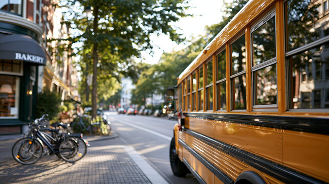 Classic bright yellow school bus parked serenely on a quiet urban street under soft daylight a corner bakery awning and parked bicycles visible nearby nostalgic educational transport