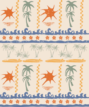 Tropical summer seamless Pattern Design. Vintage Tee Shirt T-shirt Prints. Palm tree, Waves, Sun, Shirt Print Design. New Trendy Seasonal Patterns. Men's, women's, Girl's Fabric Graphics. 