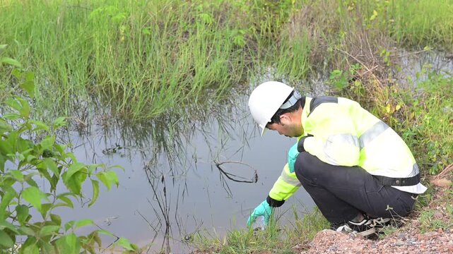 Environmental engineers inspect water quality,Bring water to the lab for testing,Check the mineral content in water and soil,Check for contaminants in water sources.