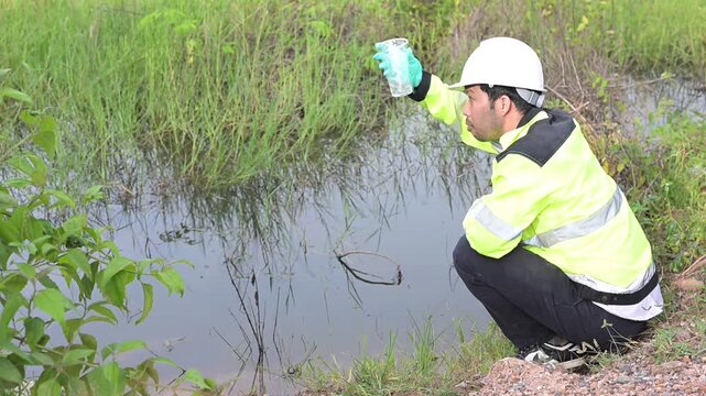 Environmental engineers inspect water quality,Bring water to the lab for testing,Check the mineral content in water and soil,Check for contaminants in water sources.