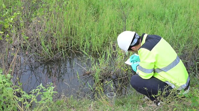 Environmental engineers inspect water quality,Bring water to the lab for testing,Check the mineral content in water and soil,Check for contaminants in water sources.