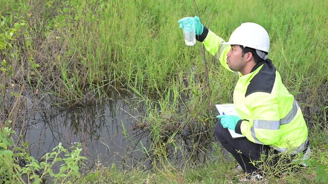 Environmental engineers inspect water quality,Bring water to the lab for testing,Check the mineral content in water and soil,Check for contaminants in water sources.