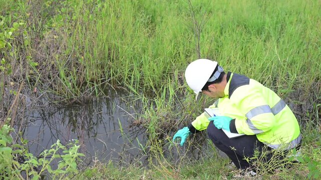 Environmental engineers inspect water quality,Bring water to the lab for testing,Check the mineral content in water and soil,Check for contaminants in water sources.