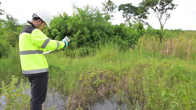 Environmental engineers inspect water quality,Bring water to the lab for testing,Check the mineral content in water and soil,Check for contaminants in water sources.