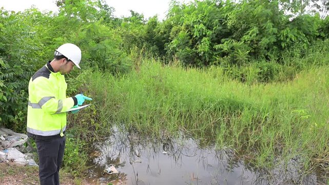 Environmental engineers inspect water quality,Bring water to the lab for testing,Check the mineral content in water and soil,Check for contaminants in water sources.