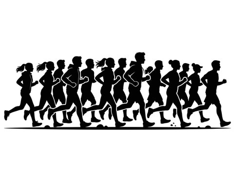 Group silhouette of people running a marathon race together in a graphic illustration style on a plain white background