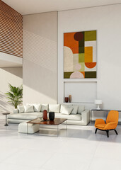 Naklejka premium 3D render, illustration Fan Ventilation Large Luxury modern living room interior, brutalist architecture realistic lighting, Graphic Overlay wide angle, contemporary furniture, clean lines, minimal