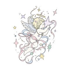 Naklejka premium Cute angelic child with wings holding a star, PNG on transparent background.