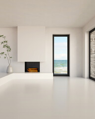 Naklejka premium 3D render, illustration Fan Ventilation Large Luxury modern living room interior, brutalist architecture realistic lighting, Graphic Overlay wide angle, contemporary furniture, clean lines, minimal