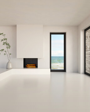 3D render, illustration  Fan Ventilation Large Luxury modern living room interior,  brutalist architecture realistic lighting,  Graphic Overlay wide angle, contemporary furniture, clean lines, minimal