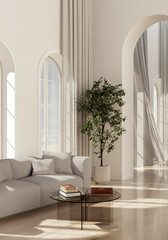 Fototapeta premium 3D render, illustration Fan Ventilation Large Luxury modern living room interior, brutalist architecture realistic lighting, Graphic Overlay wide angle, contemporary furniture, clean lines, minimal
