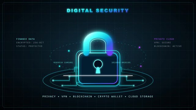 Glowing digital padlock secures sensitive finance data through encrypted cyber infrastructure in this animated motion graphics technology video clip design