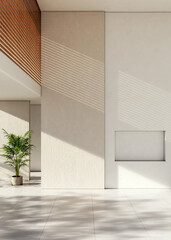 Fototapeta premium 3D render, illustration Fan Ventilation Large Luxury modern living room interior, brutalist architecture realistic lighting, Graphic Overlay wide angle, contemporary furniture, clean lines, minimal