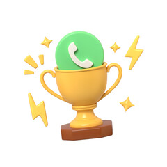Obraz premium A 3D golden trophy cup with a green telephone icon symbol inside surrounded by yellow flash and star shapes against a for communication success award.3d render