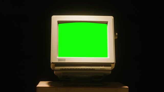 Retro pc computer gaming, Desktop vintage with loading code console, programmer making scripts, green basic screen, Old computer studio close-up, retro wave display, late 90s PC.
