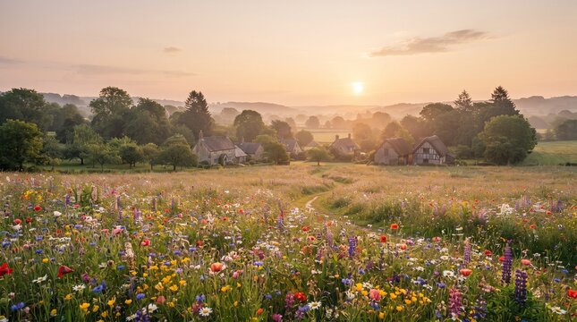 English countryside cottage wildflower meadow at sunset